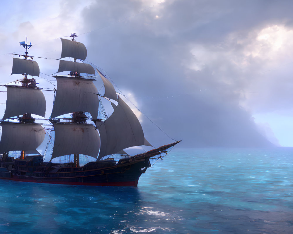 Majestic sailing ship on calm azure sea under moody sky