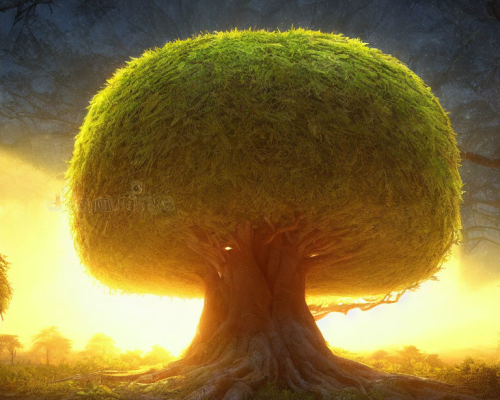 Enormous glowing tree with lush canopy in mystical landscape