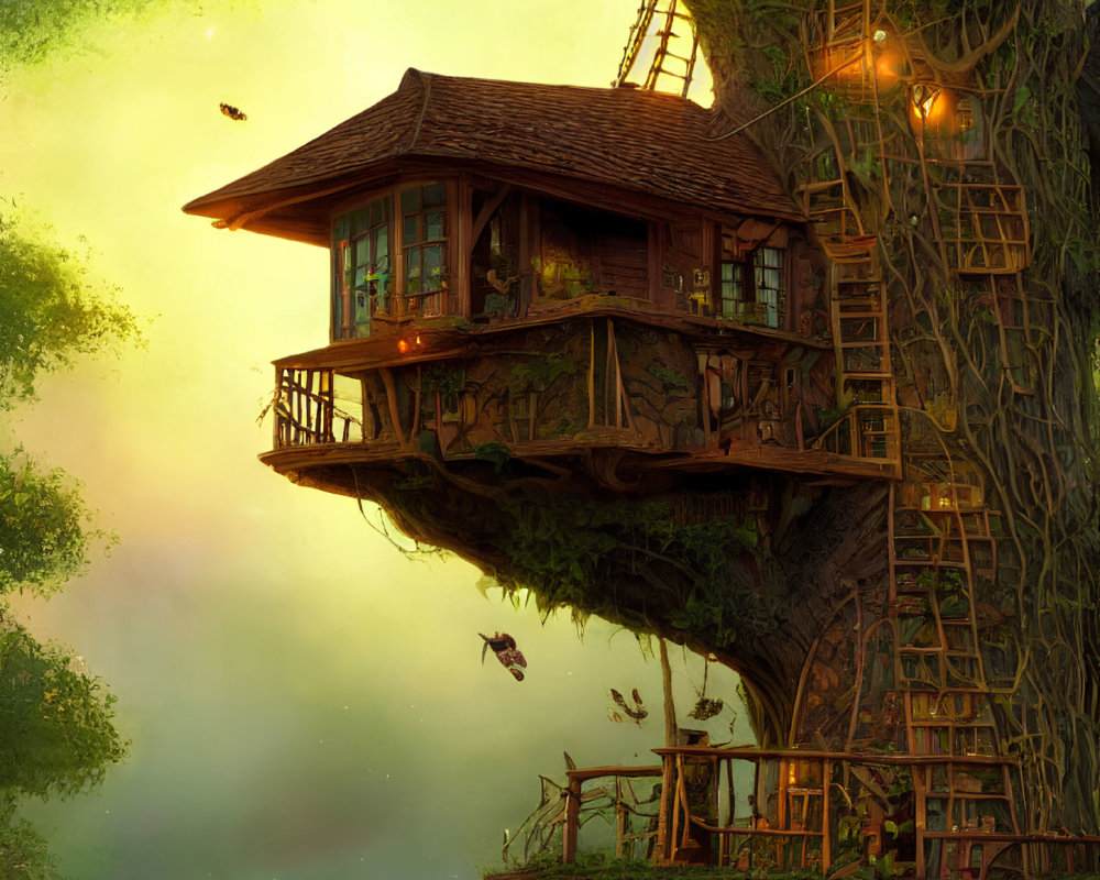 Glowing lights treehouse in lush setting at sunset