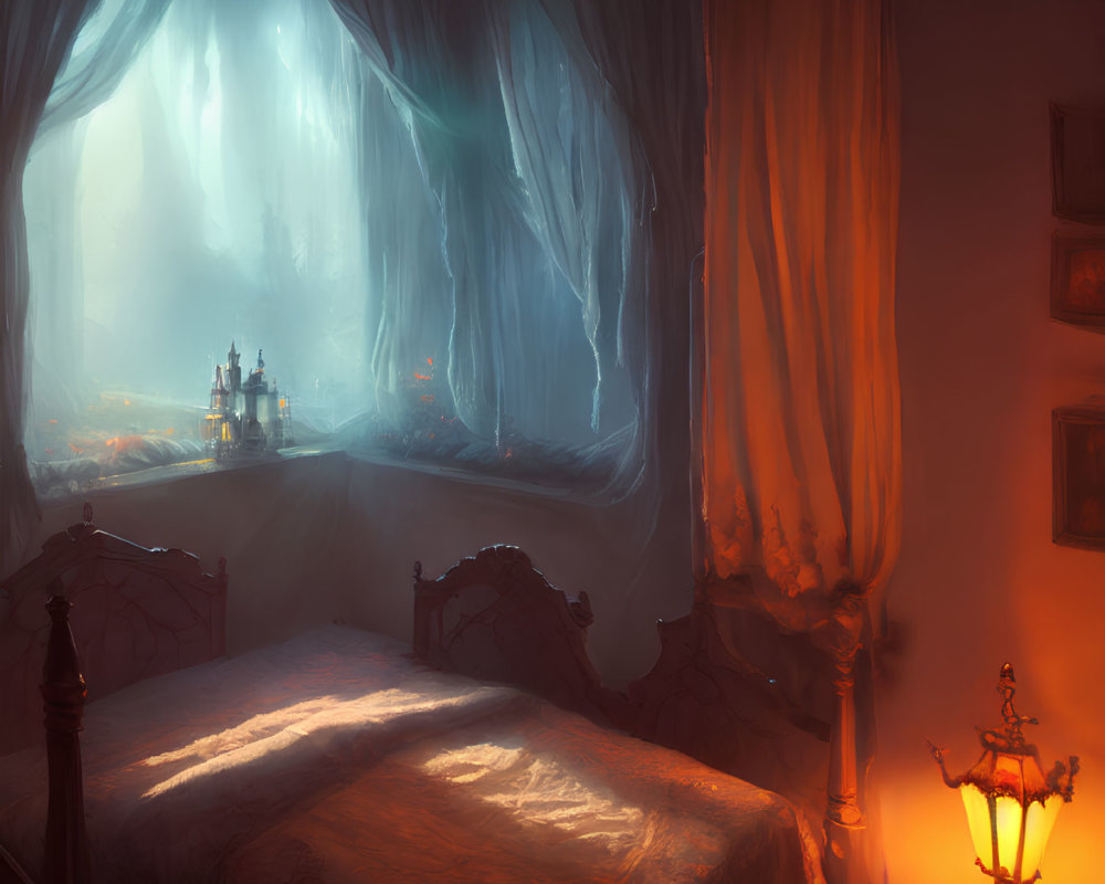 Tranquil Bedroom with Glowing Castle View at Dusk