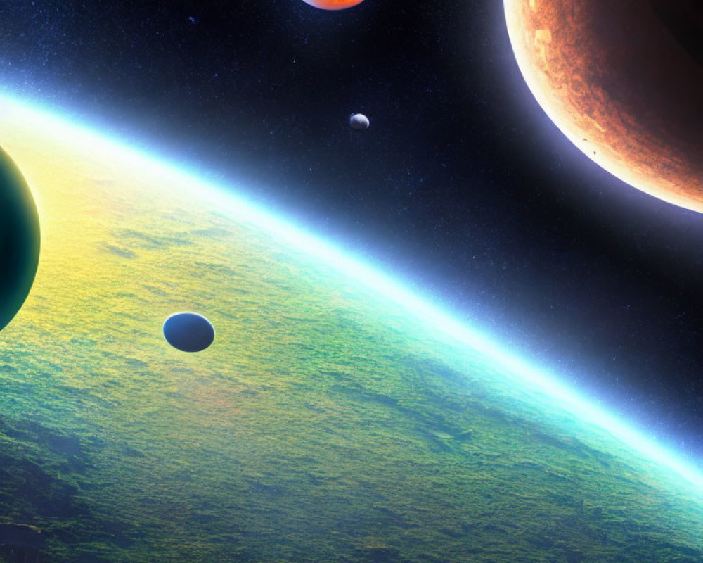 Colorful space scene with planets of different sizes and a prominent green planet against starry backdrop