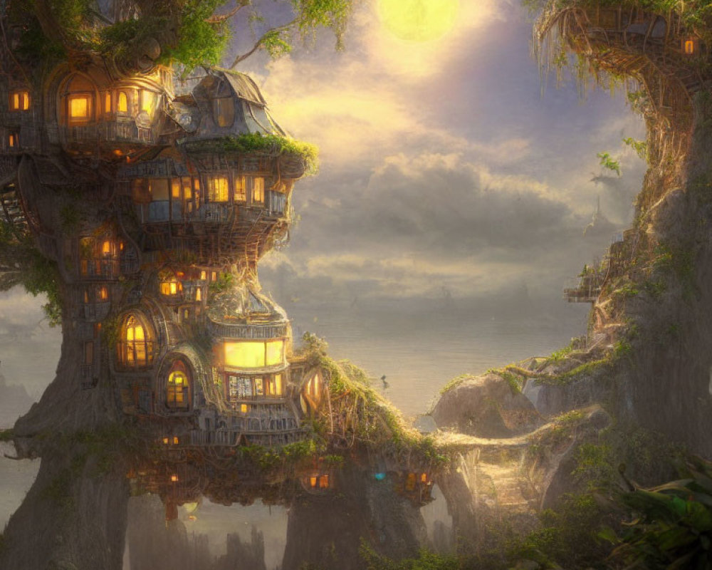 Enchanting fantasy tree houses in ancient forest at sunset