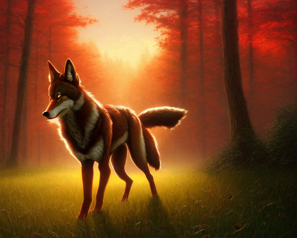 Majestic wolf in sunlit forest clearing with red-leaved trees