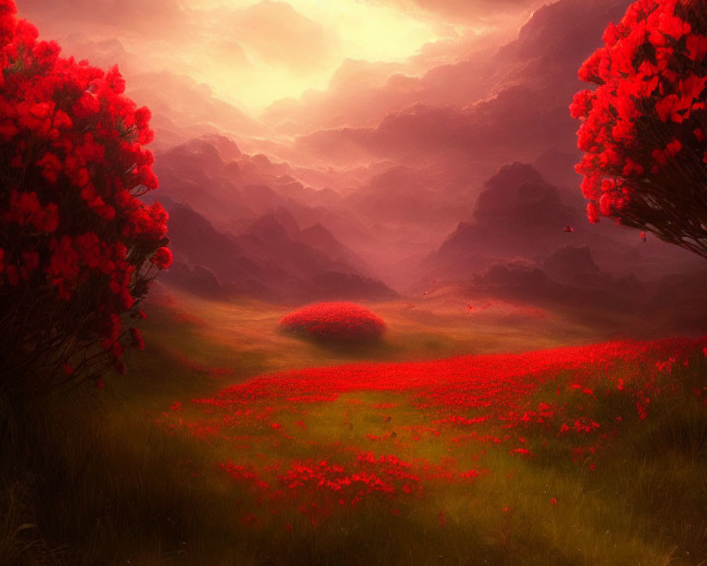 Surreal landscape with red flowering trees, misty mountains, and glowing sunset sky