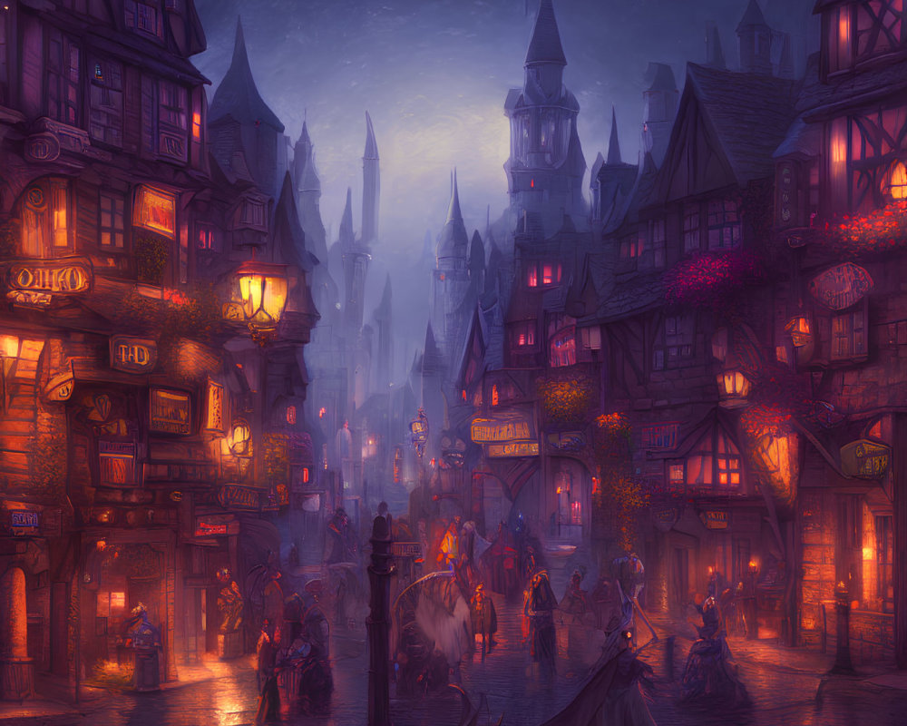 Medieval city street at twilight with cloaked figures and ornate buildings