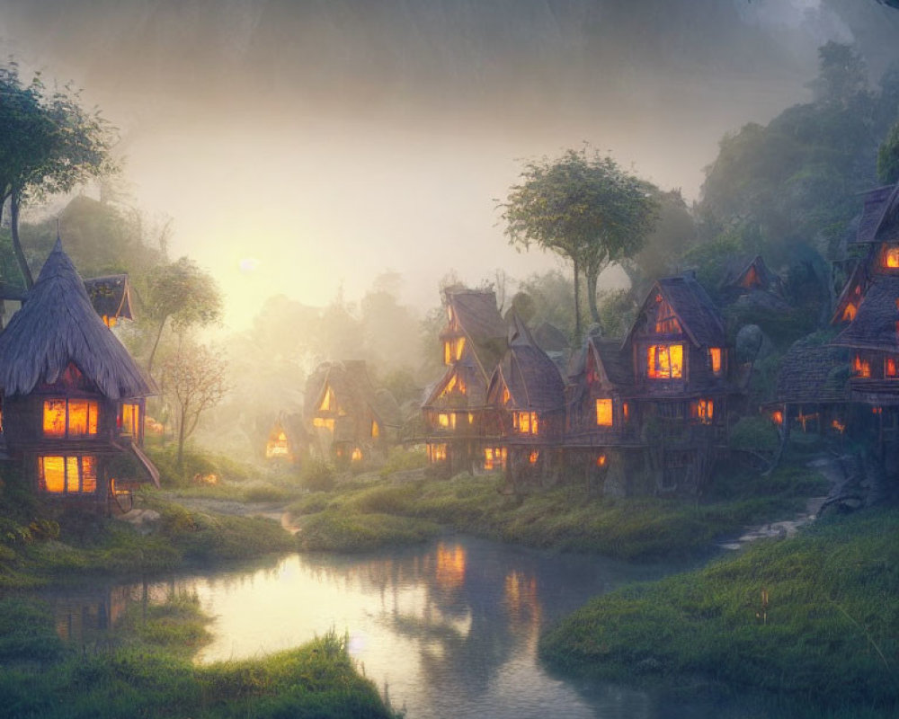 Mystical village with thatched cottages by meandering stream at twilight