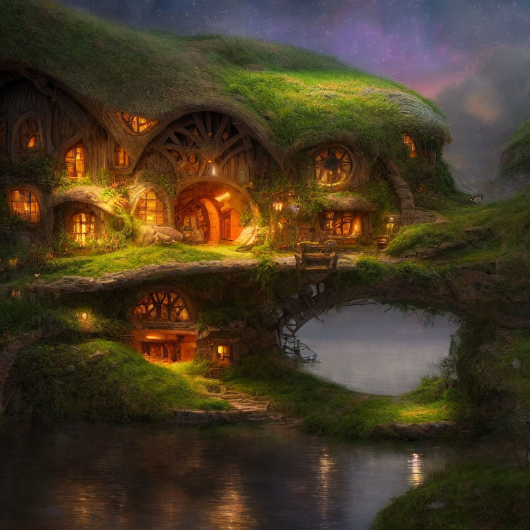 Quaint hobbit-style houses with round doors and windows nestled in lush hillside