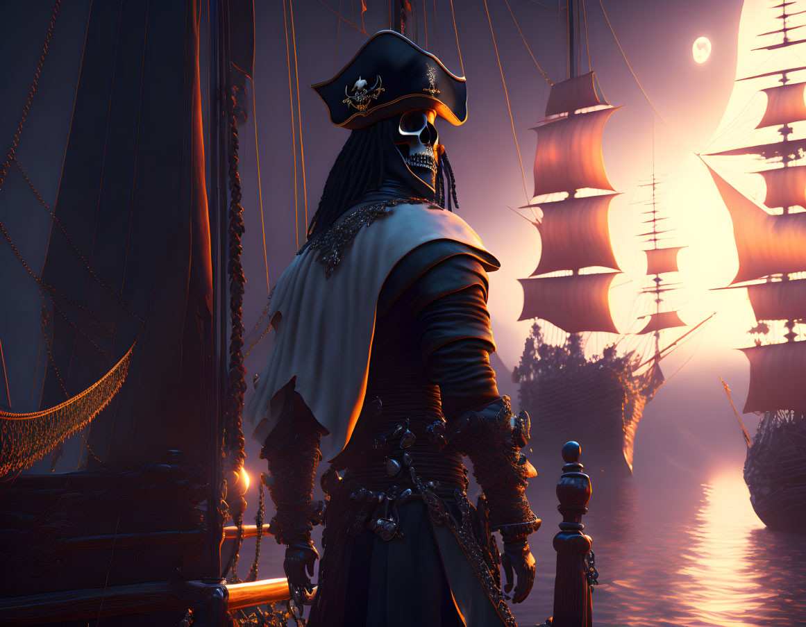 Moonlit skeletal pirate captain on ship deck under tall ship silhouettes