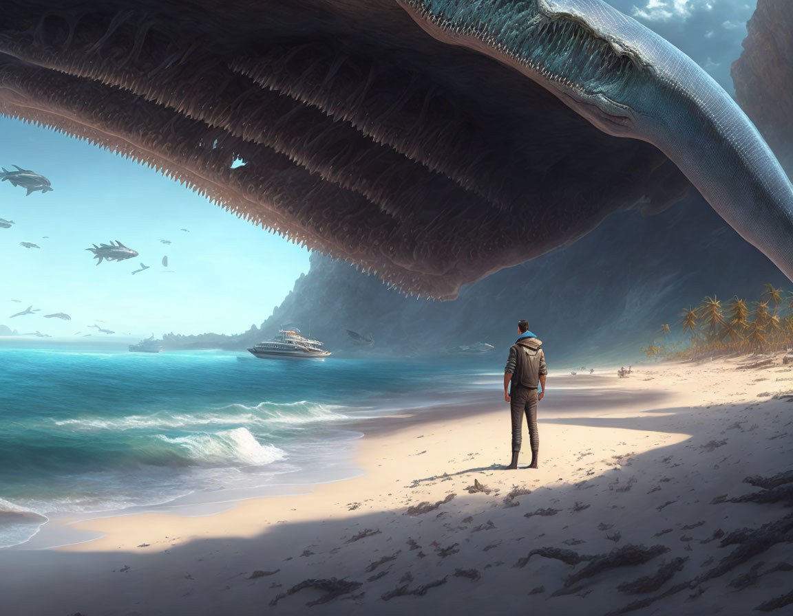 Person on Tropical Beach Gazes at Giant Whale-Like Creature and Flying Fish