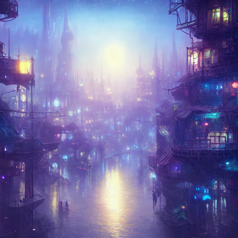 Blue Twilight Cityscape with Futuristic Buildings and Luminous Orb