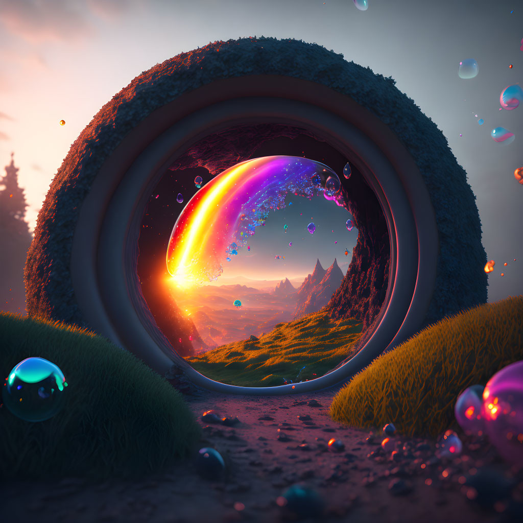 Surreal landscape with circular rings and floating bubbles amid mountains, trees, and dusk sky