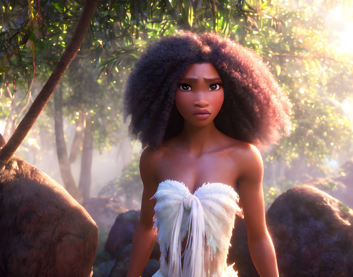 Voluminous curly hair animated character in misty forest