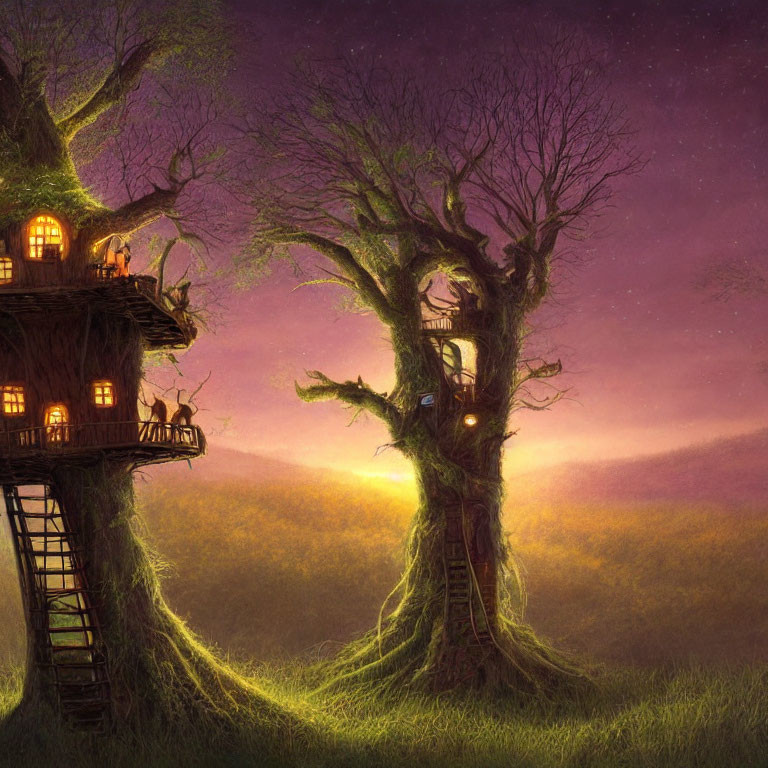 Illustration of tree houses in ancient trees under starry sky