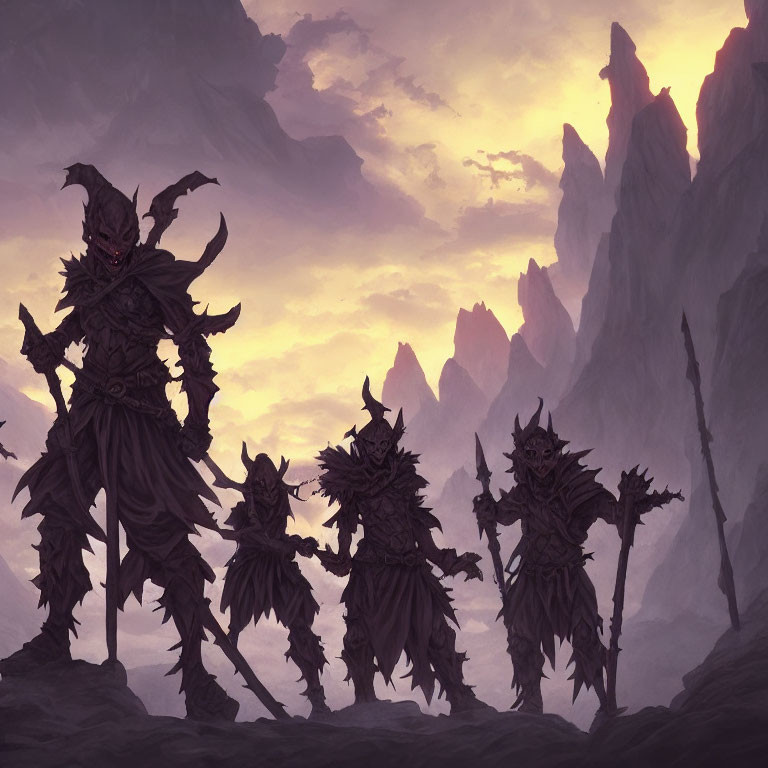 Menacing armored figures with glowing eyes in mountainous backdrop