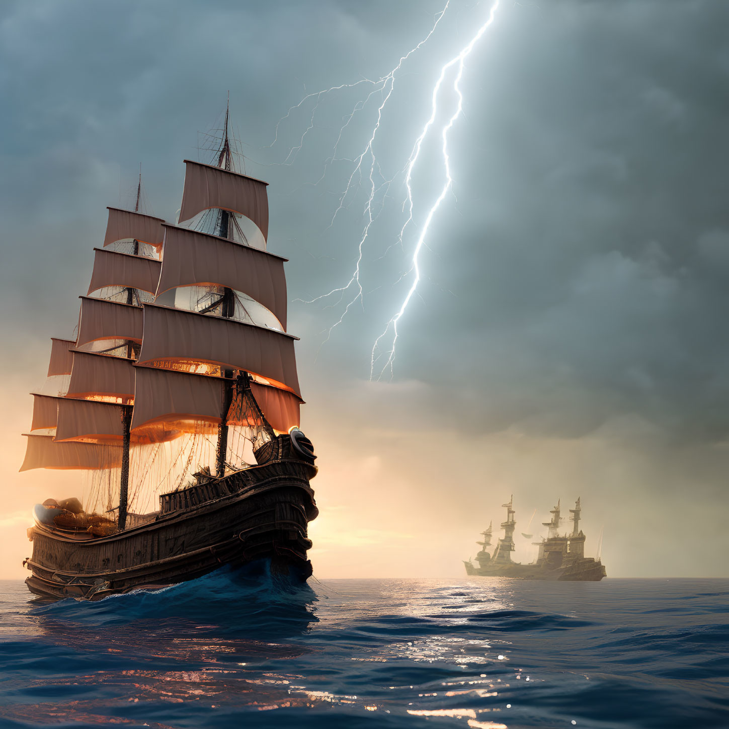 Majestic sailing ship on stormy sea with lightning striking