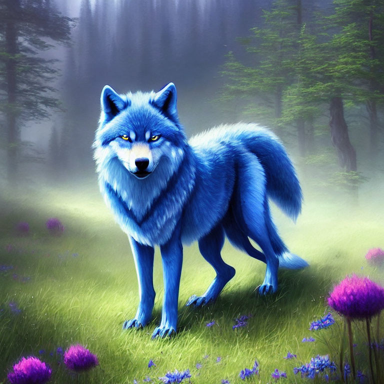 Vibrant blue wolf in mystical forest with purple flowers