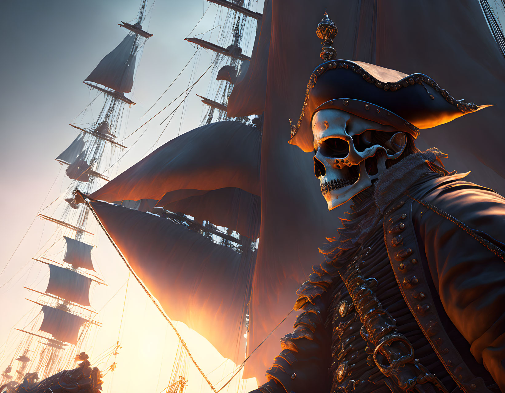 Skeletal pirate captain in ornate attire at dusk with tall ships