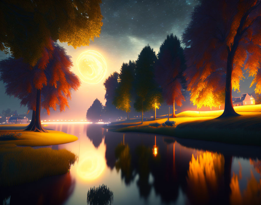 Nighttime Landscape: Glowing Trees, Still River, Starry Sky