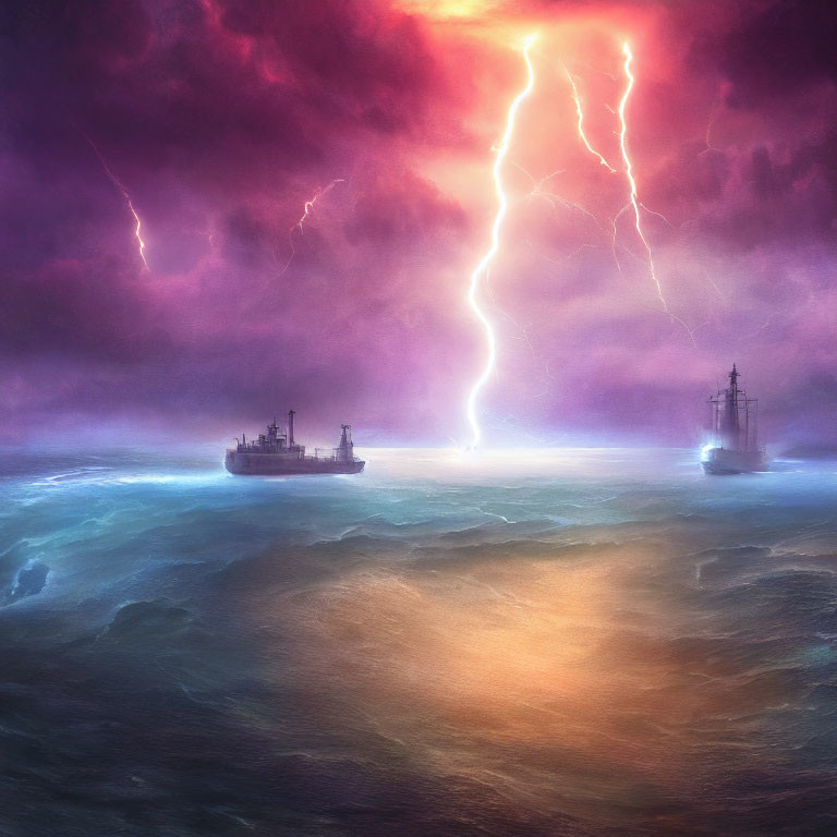 Ocean storm scene with two ships in high waves under dramatic sky with lightning strikes in purple and pink hues