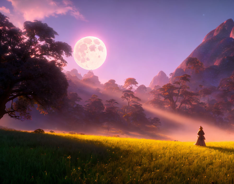 Mystical landscape with large moon, person, trees, and mountains in warm light