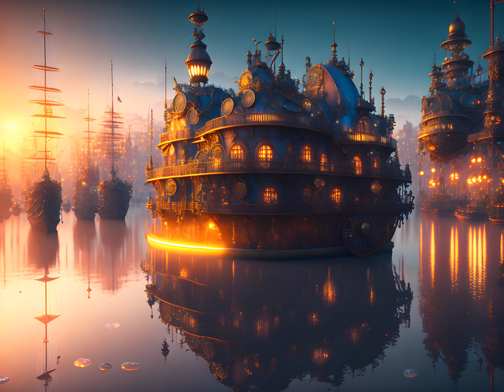 Futuristic floating city with steampunk architecture at sunset