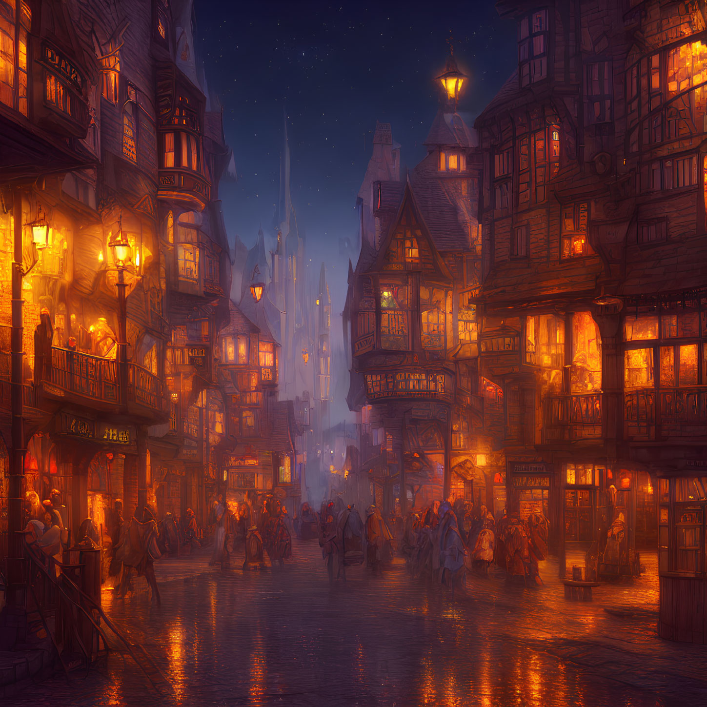 Medieval street scene at twilight with townsfolk, castle, and starry sky