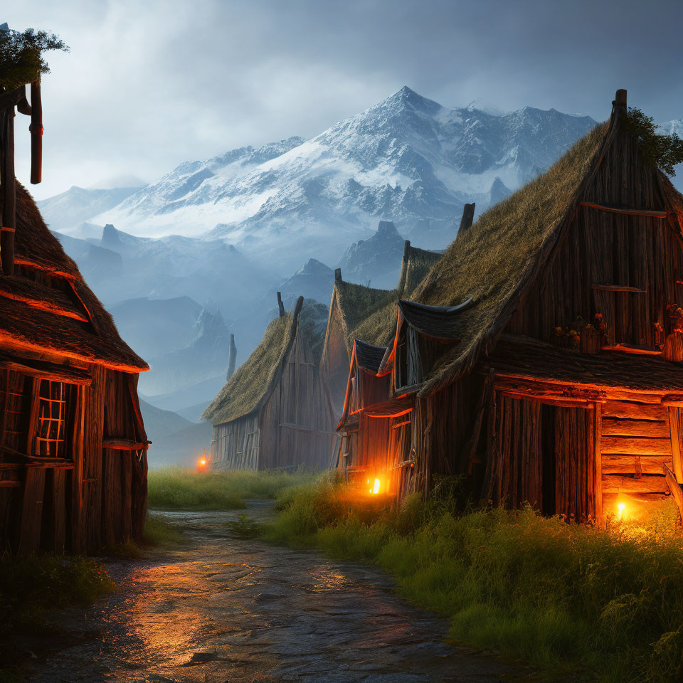 Rustic wooden huts in twilight with snowy mountain backdrop