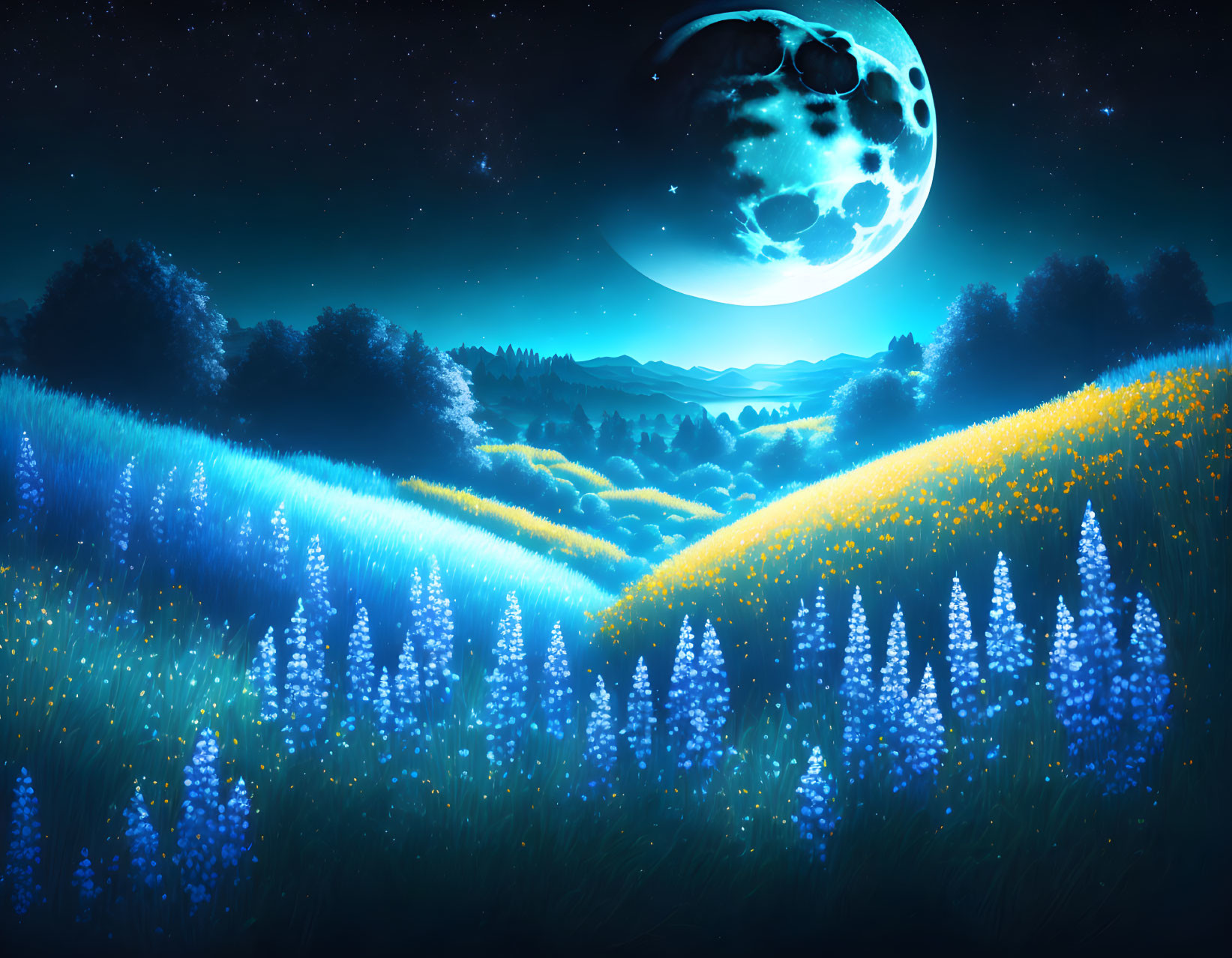 Fantasy Night Landscape with Glowing Blue Flowers and Moon