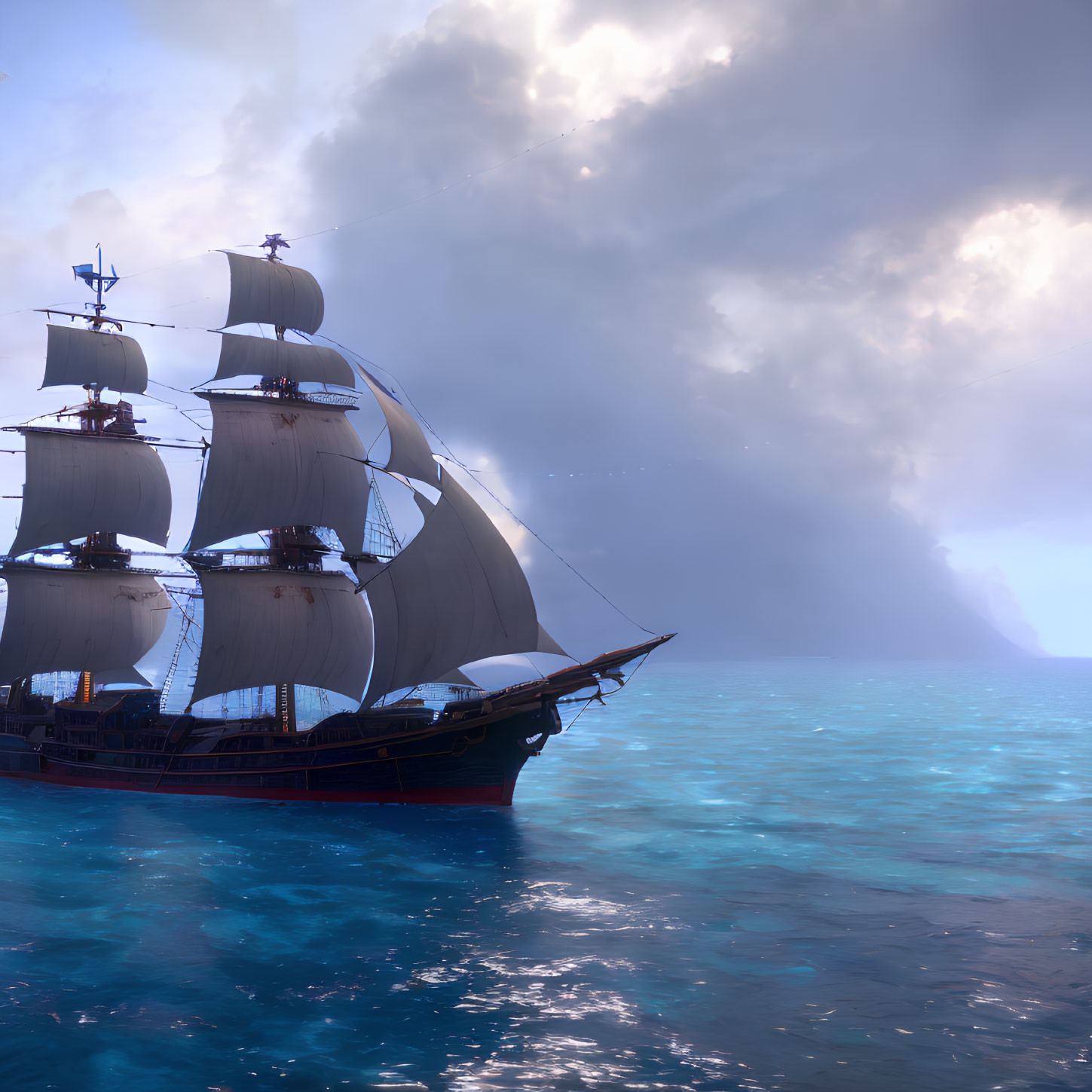 Majestic sailing ship on calm azure sea under moody sky