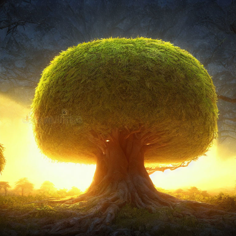 Enormous glowing tree with lush canopy in mystical landscape