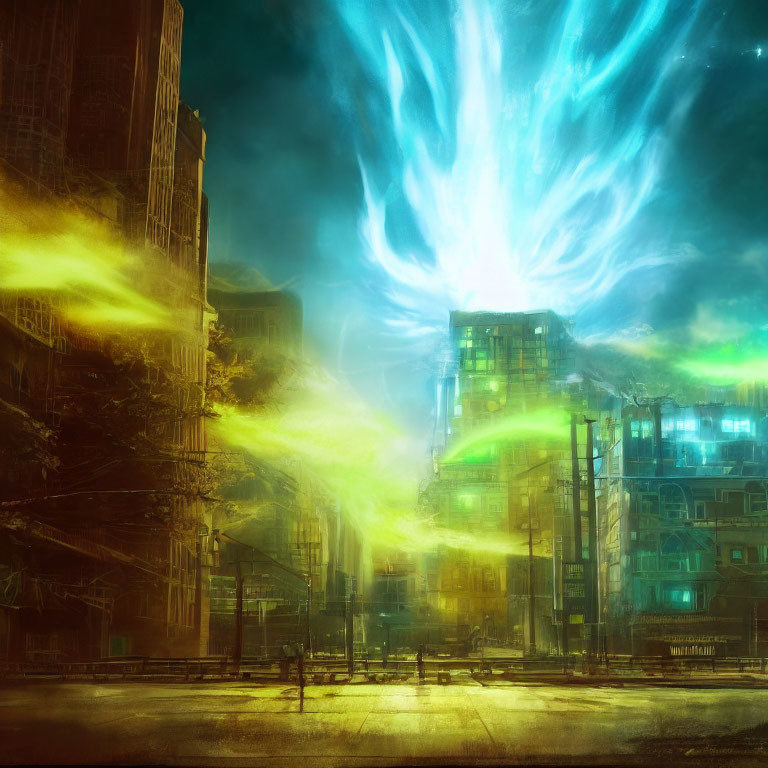 Futuristic sci-fi cityscape with neon lights and swirling portal