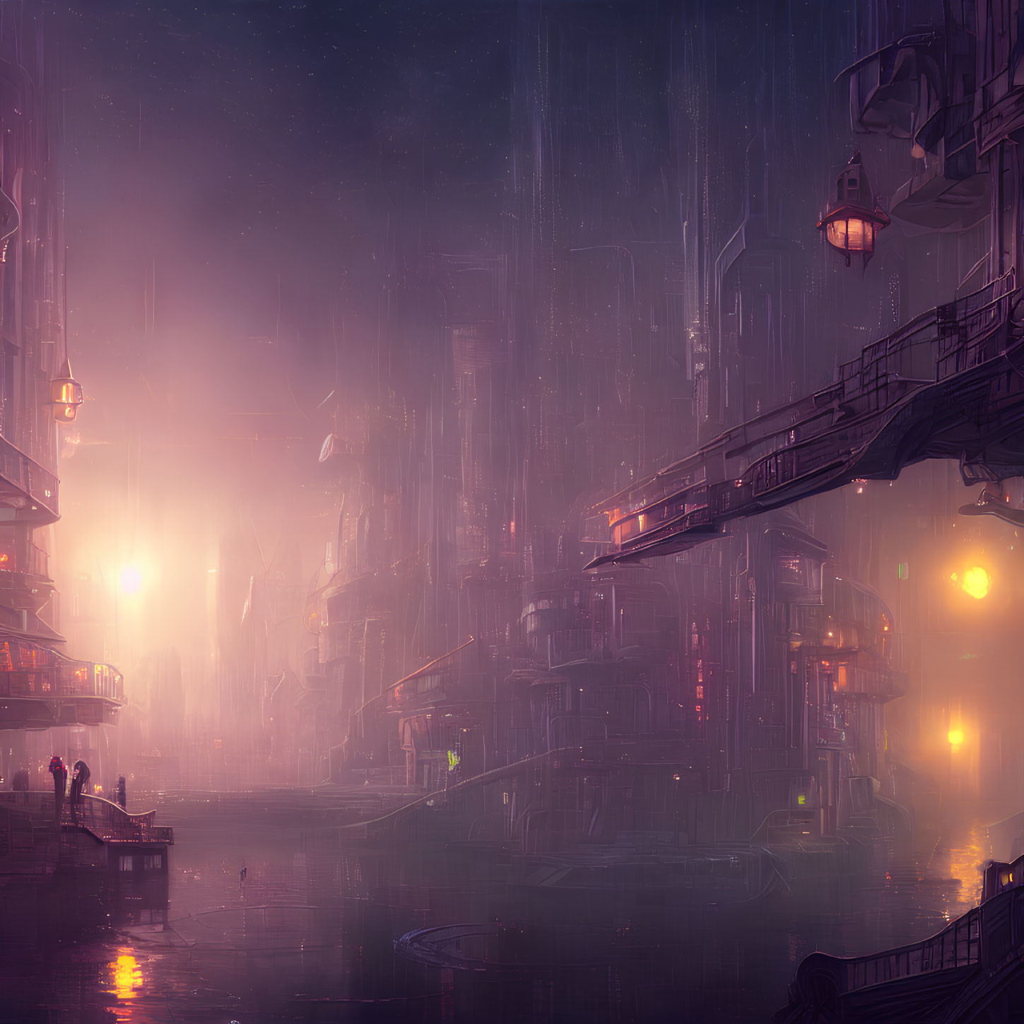 Futuristic twilight cityscape with towering buildings and glowing lights