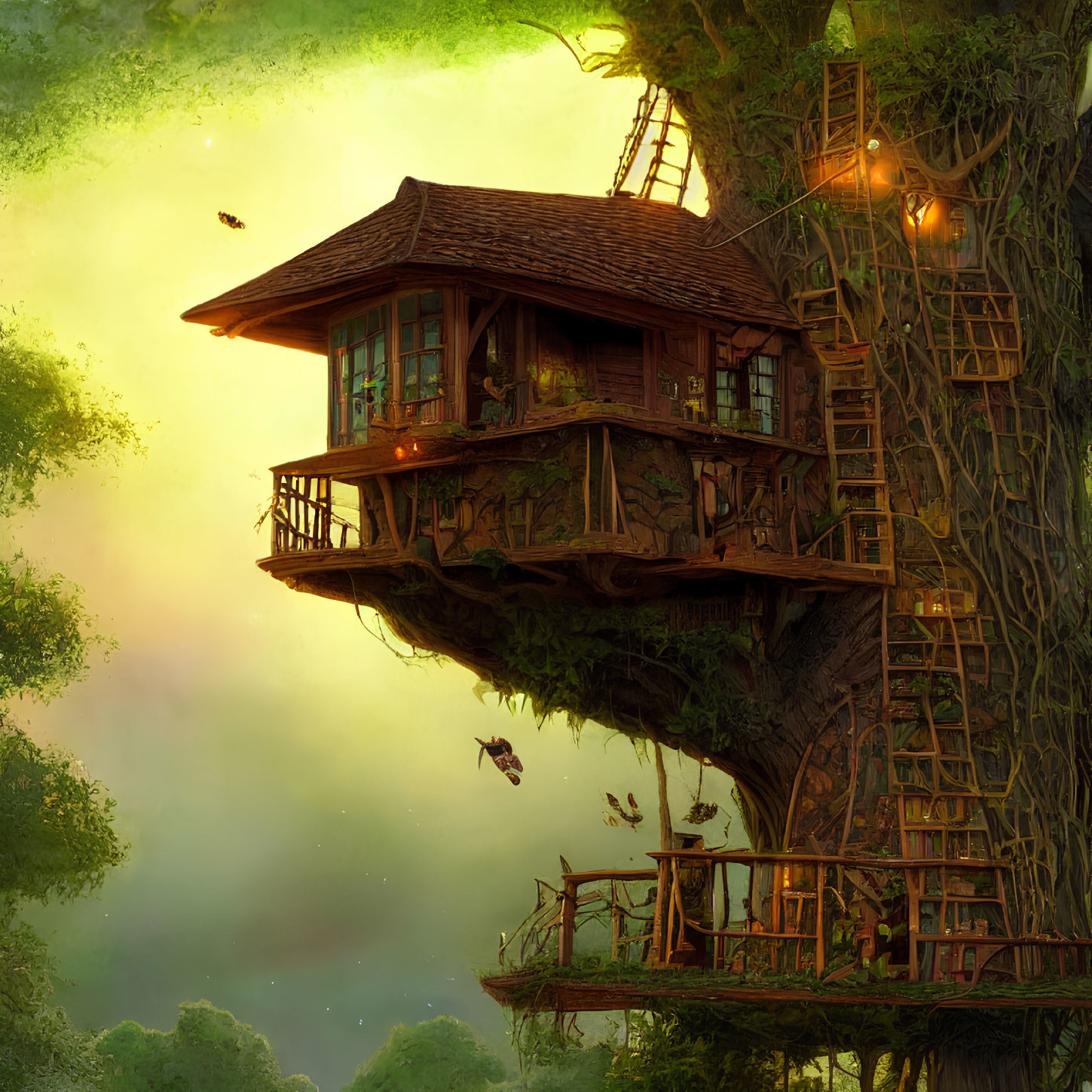 Glowing lights treehouse in lush setting at sunset