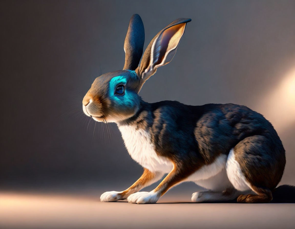 Digital illustration: Rabbit with human-like eyes blending animal and anthropomorphic features