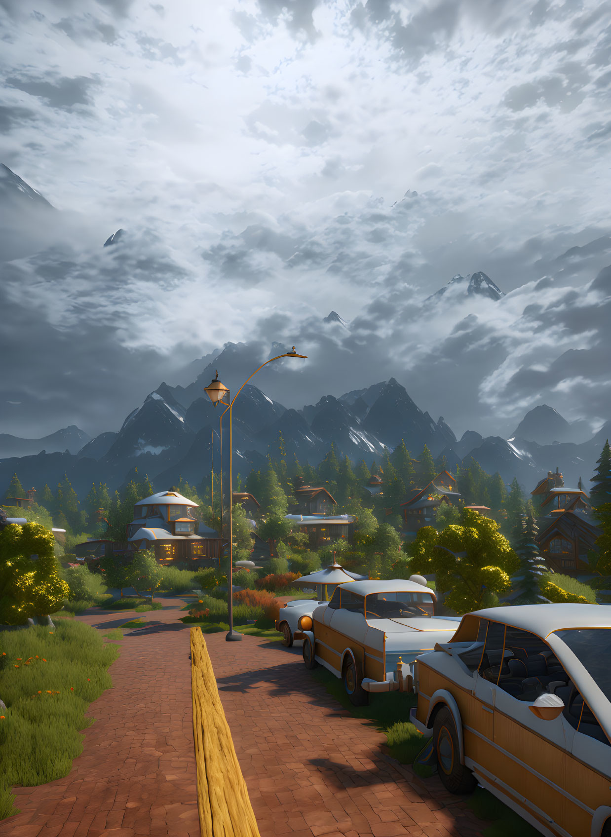 Pine trees and mountains in serene street scene at dusk