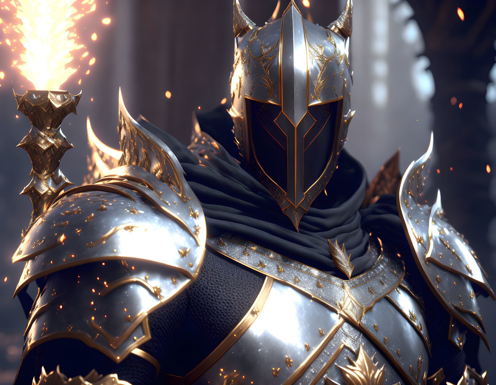 Detailed image: Knight in ornate armor with glowing ember motif, soft lighting, dark background