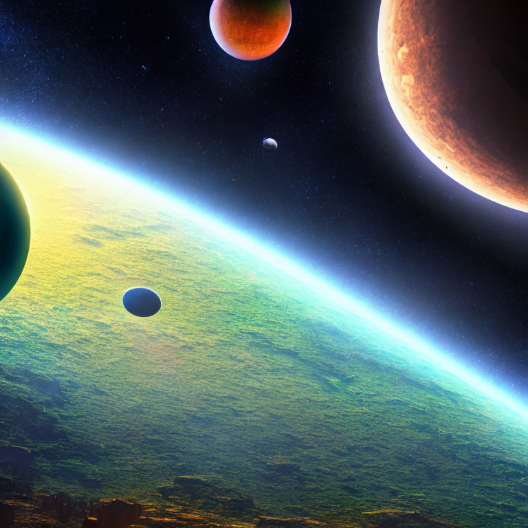 Colorful space scene with planets of different sizes and a prominent green planet against starry backdrop