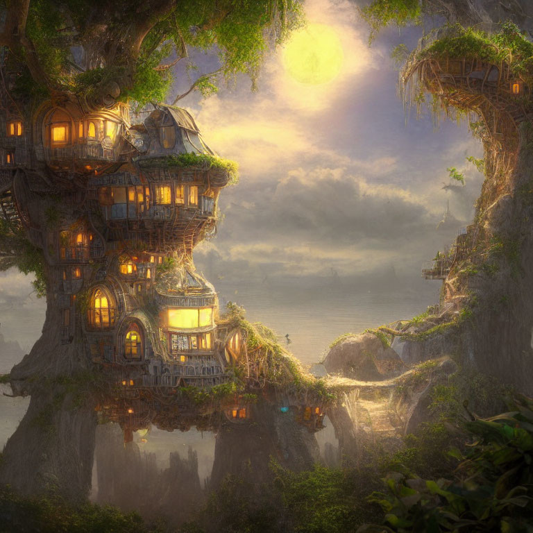 Enchanting fantasy tree houses in ancient forest at sunset