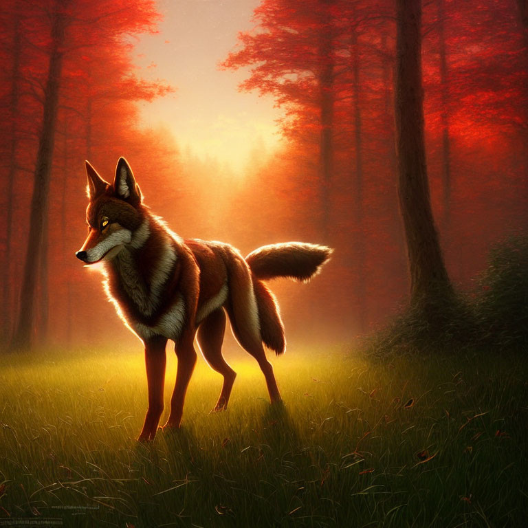 Majestic wolf in sunlit forest clearing with red-leaved trees