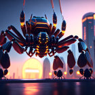 Futuristic robotic spider in neon-lit city at dusk