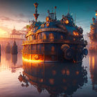 Futuristic floating city with steampunk architecture at sunset