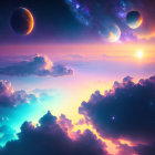 Colorful cosmic scene with planets, sun, stars, and iridescent clouds