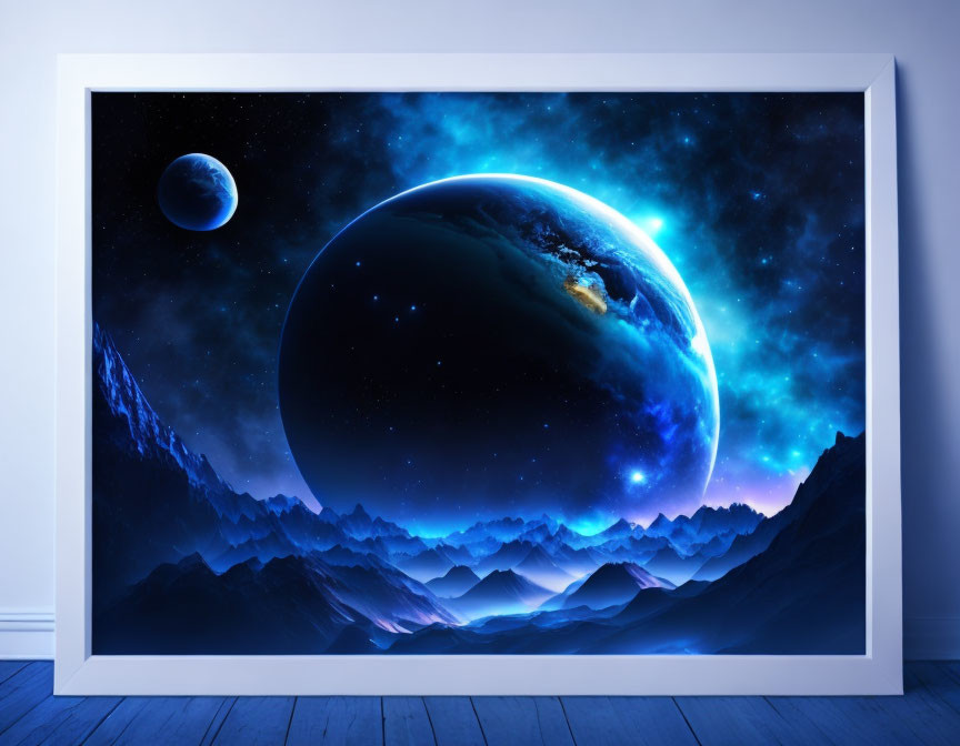 Fantasy cosmic landscape with planet, moon, stars, and mountains