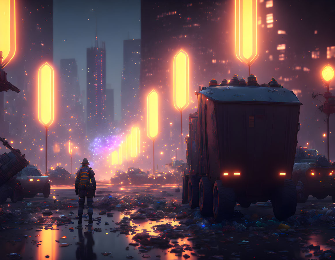 Futuristic figure in suit approaching city at twilight