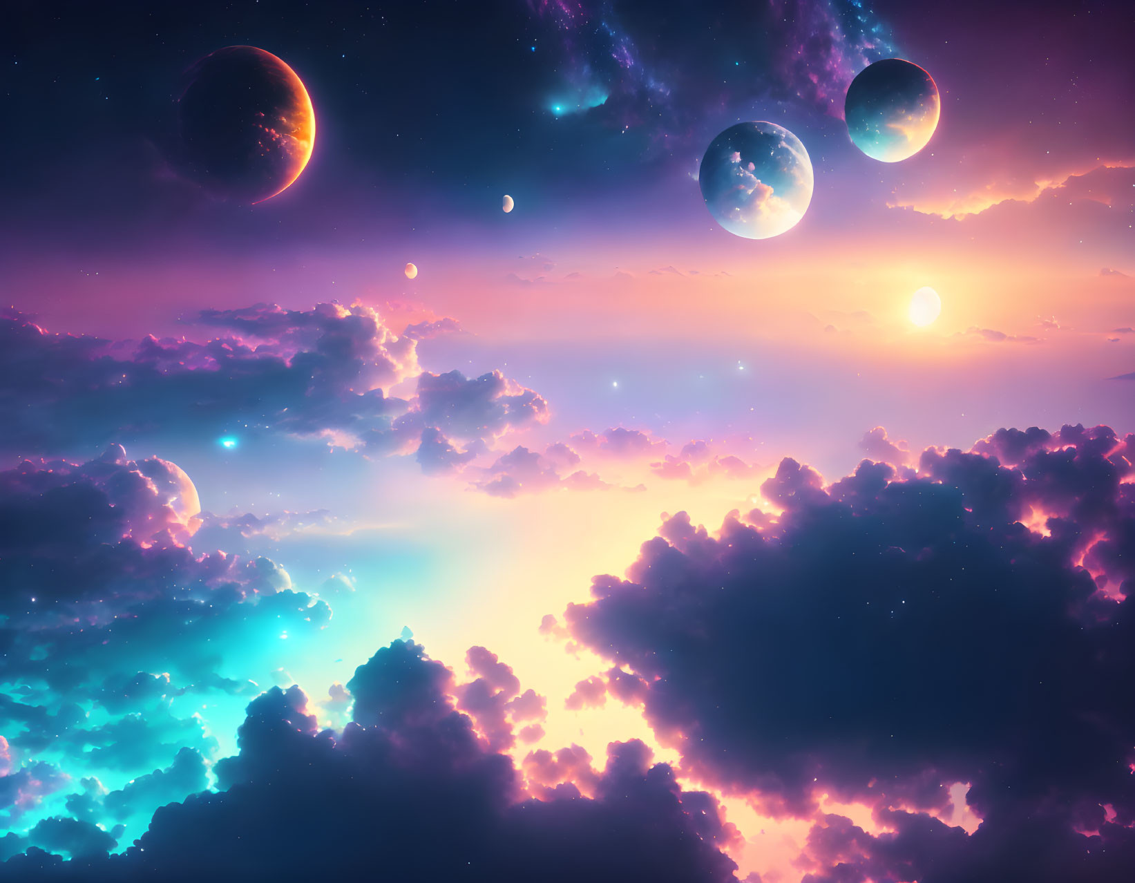 Colorful cosmic scene with planets, sun, stars, and iridescent clouds