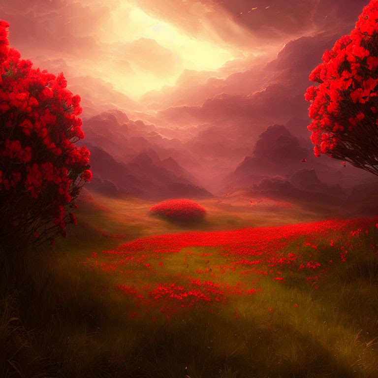 Surreal landscape with red flowering trees, misty mountains, and glowing sunset sky