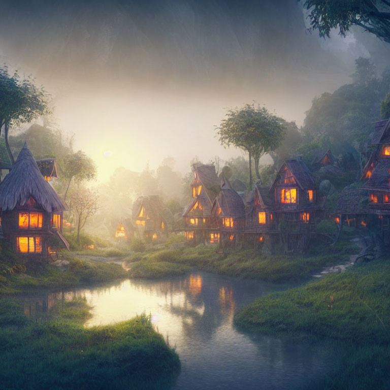 Mystical village with thatched cottages by meandering stream at twilight