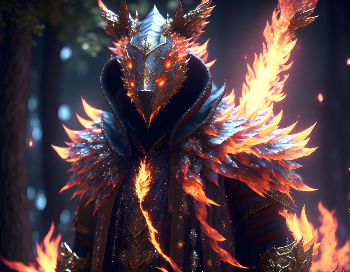 Fiery-winged character in ornate armor in mystical forest