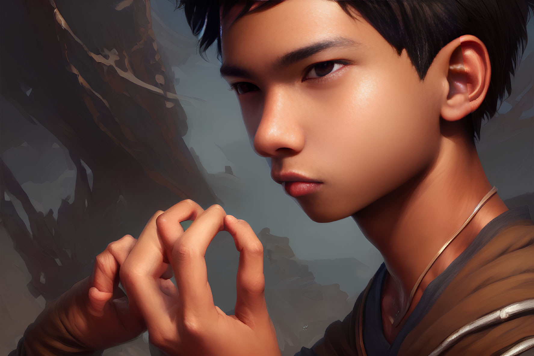 Detailed digital portrait of young person with intense eyes and intricate finger gesture against stylized background