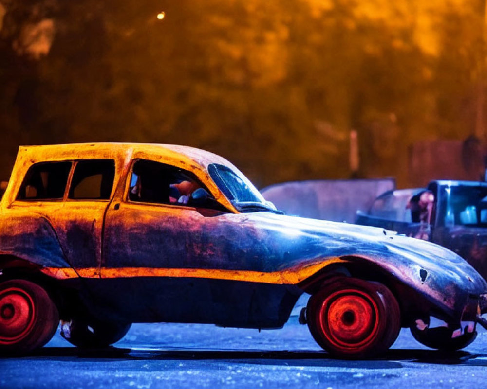 Abandoned burnt-out car with red wheels under twilight sky
